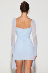 Long Sleeve Embellished Cowl Neck Mini Dress in Blue